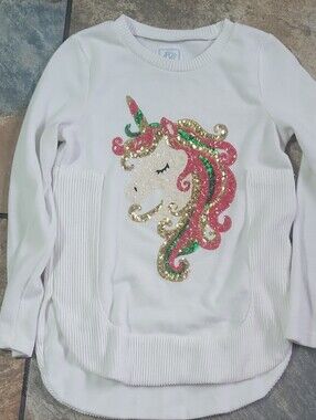 White Girls Sequin Unicorn Sweatshirt with Pink Green Gold Accents